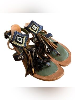 Meher Kakalia Sofia Thong Sandal Sz EU 38 US 7 Leather Tassel Embellished Beaded